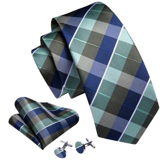Novetly Blue Green Plaid Tie Pocket Square Cufflinks Set