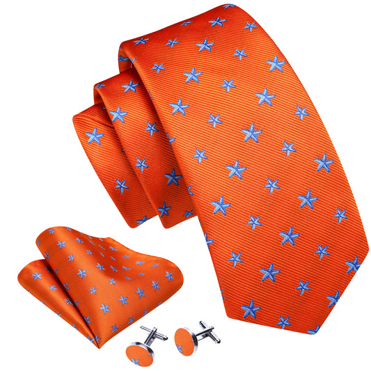 Barry. Wang Orange Blue Star Silk Tie Pocket Square Cufflinks Set