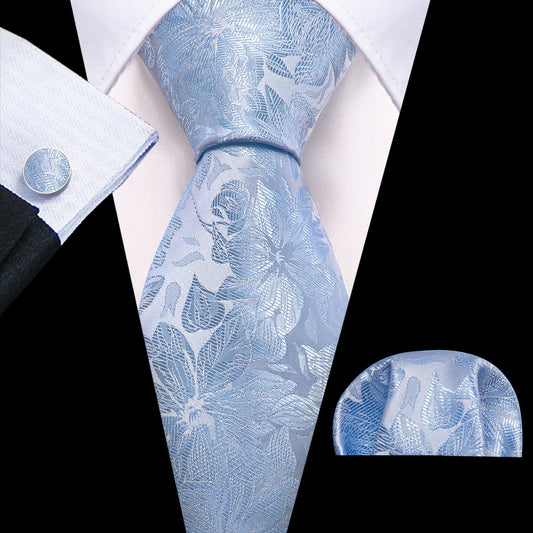 Barry. Wang BarryWang Light Blue Paisley Silk Tie Handkerchief Cufflinks Set