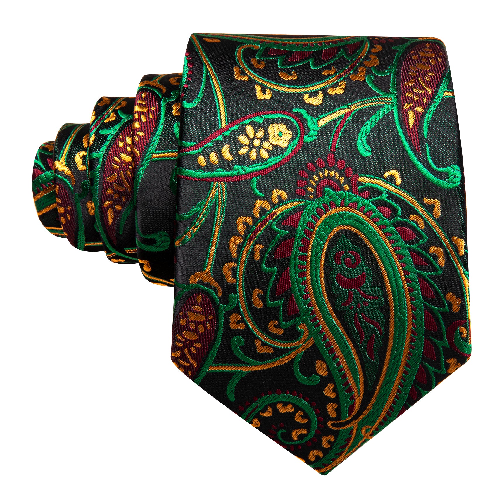  Black TIe Green Yellow Paisley Silk Tie Handkerchief Cufflinks Set