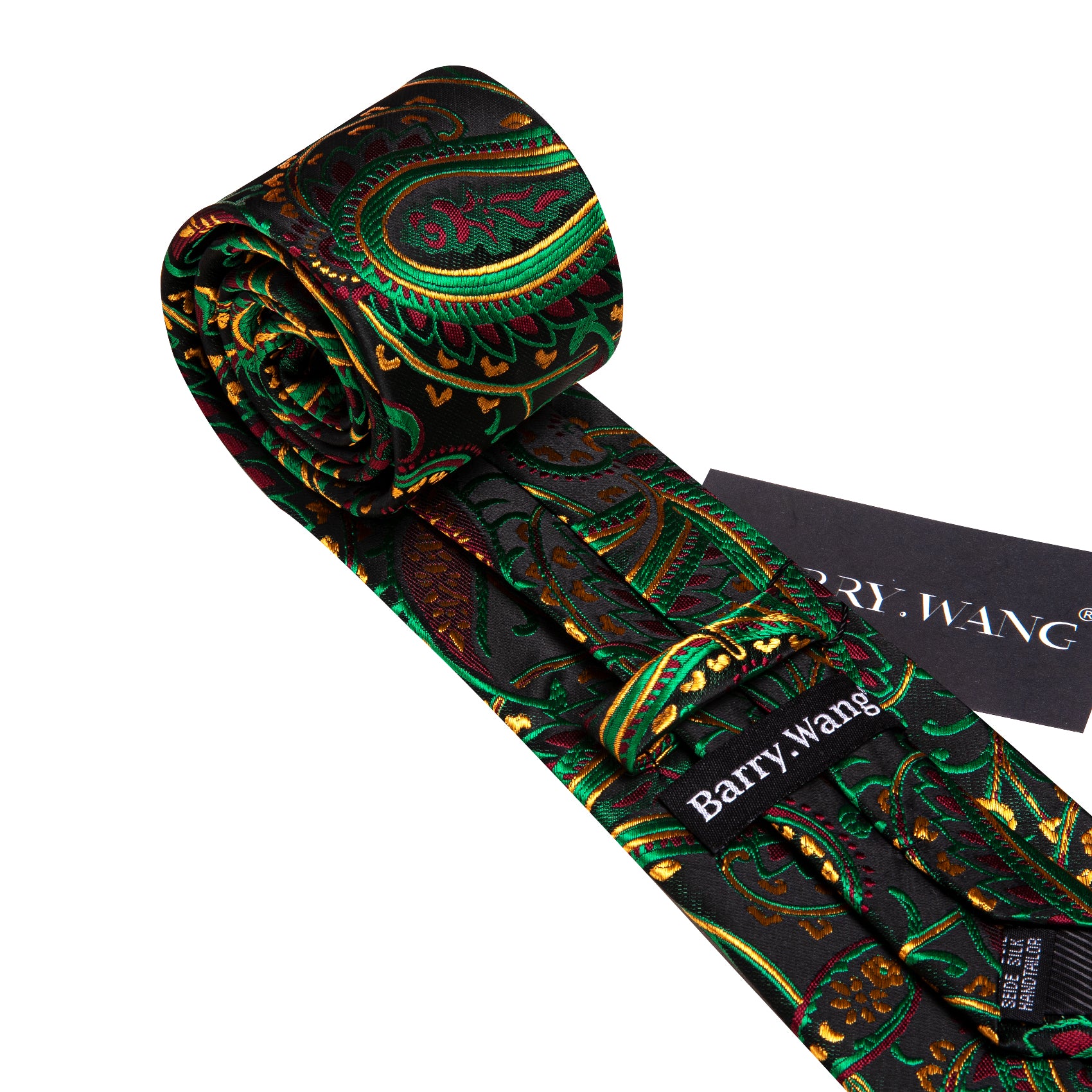  Black TIe Green Yellow Paisley Silk Tie Handkerchief Cufflinks Set