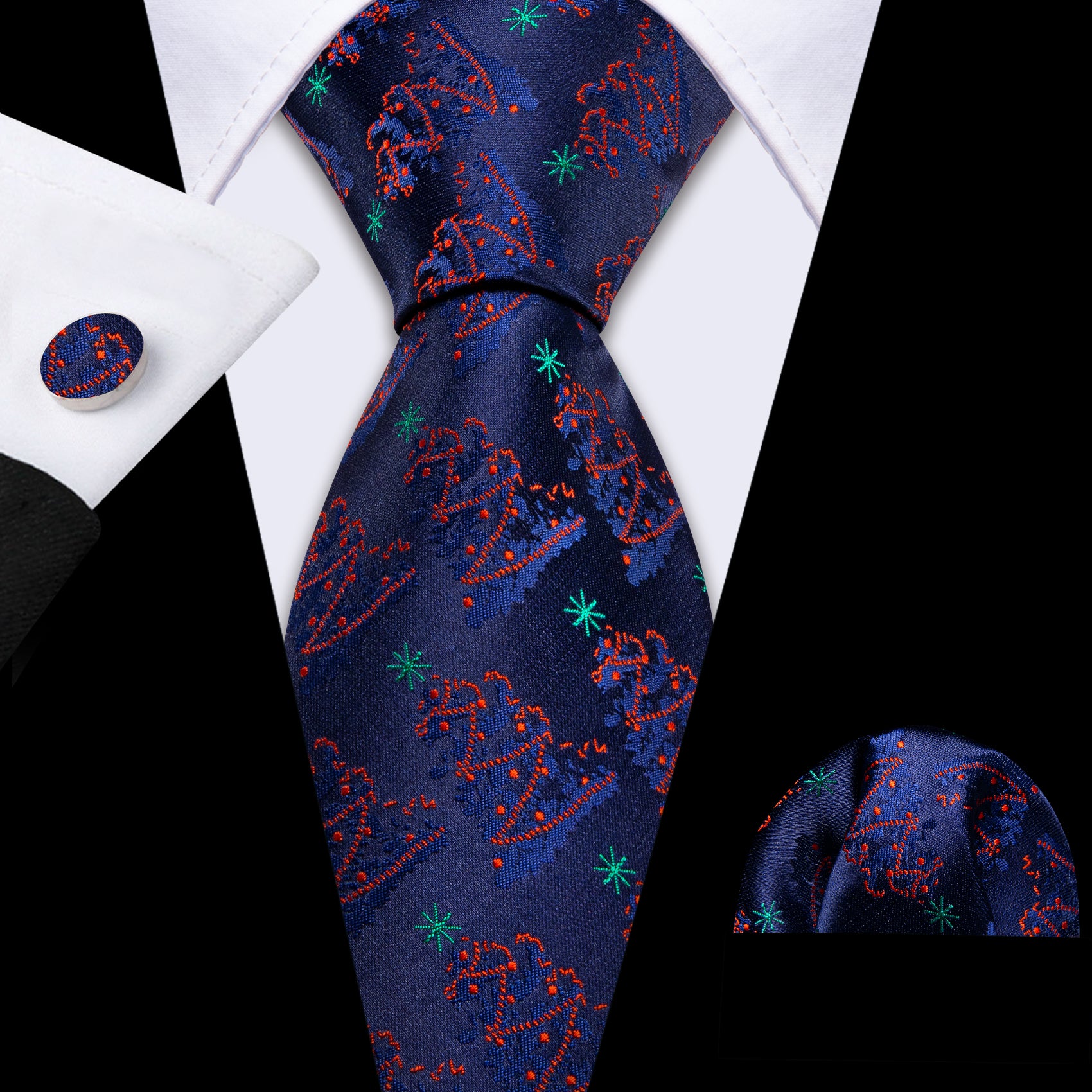 Christmas Xmas Tree Pattern Mens blue Tie Hanky Cufflinks Set