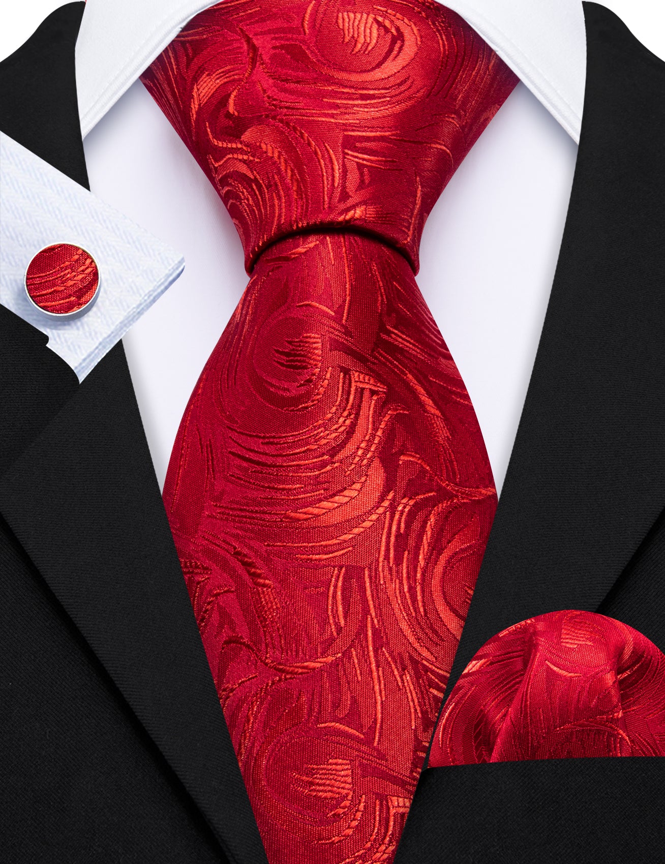 Strong Red Floral Silk Tie Handkerchief Cufflinks Set