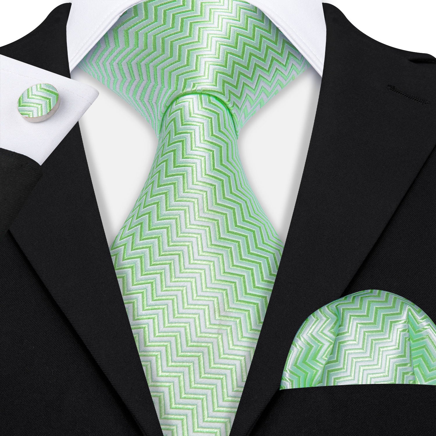 Barry Wang Turquoise Green Ripple Silk Tie Pocket Square Cufflinks Set