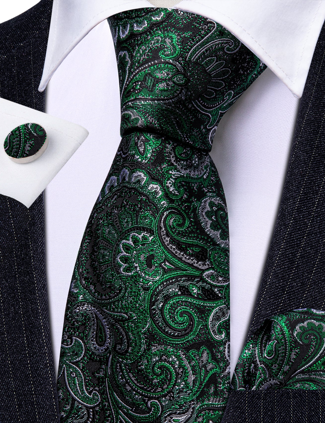 Dark Green Sliver Paisley Necktie