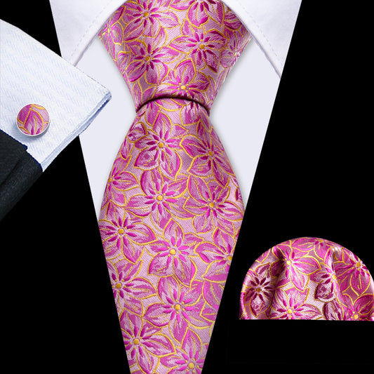 Barry Wang Pink Floral Hot Pink Peach Blossom Jacquard Silk Men's Tie Set floral purple tie
