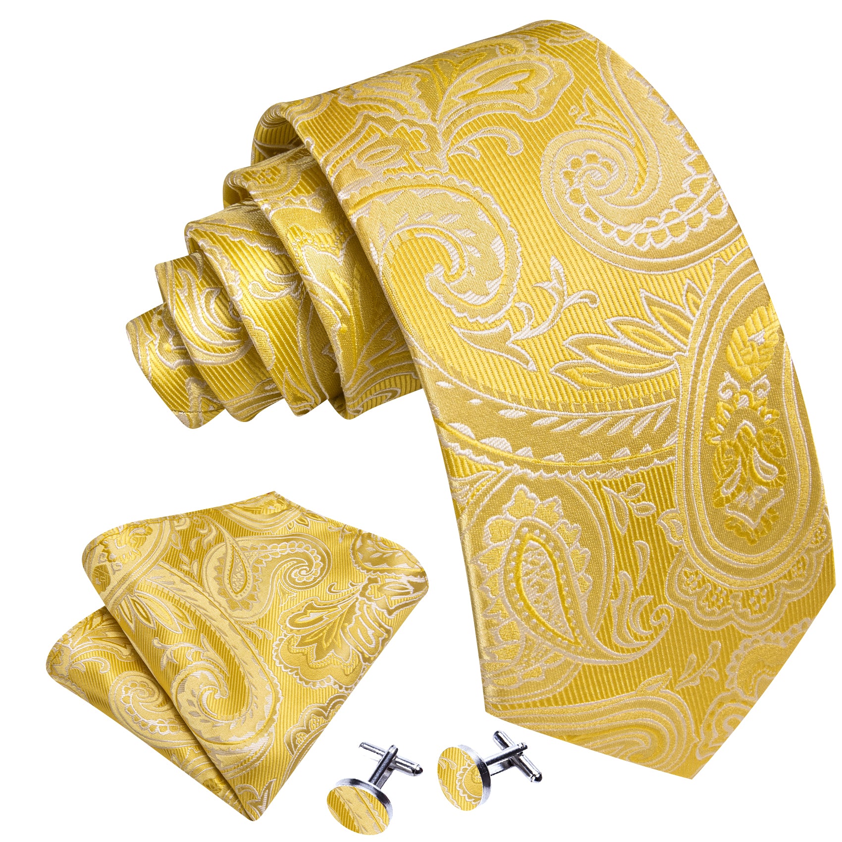 Gold Yellow Paisley Silk Tie Handkerchief Cufflinks Set