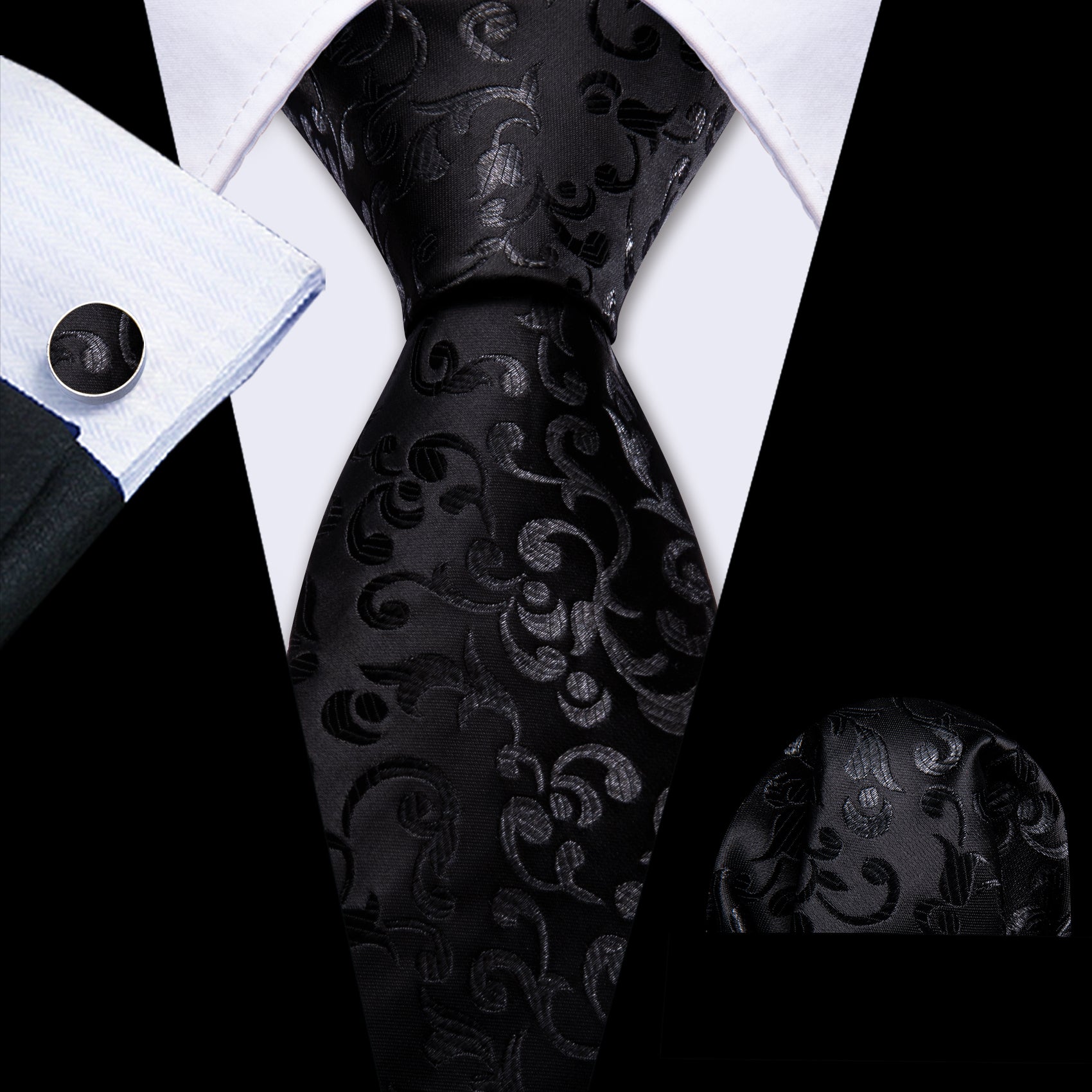 Luxury Black Floral Silk Tie Handkerchief Cufflinks Set