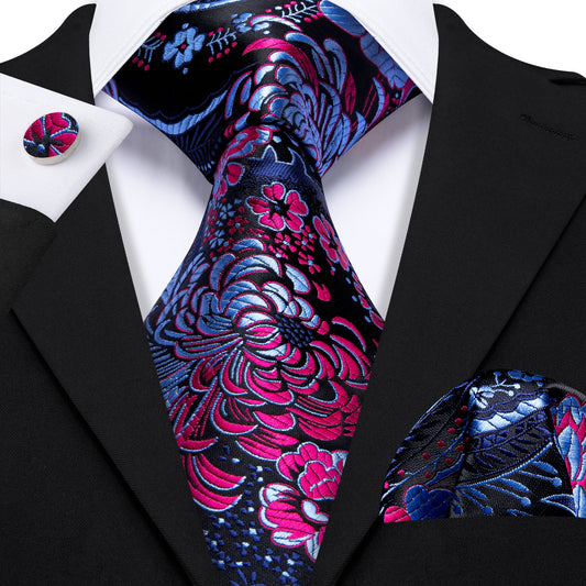 Blue Red Jacquard Paisley Tie Handkerchief Cufflinks Set