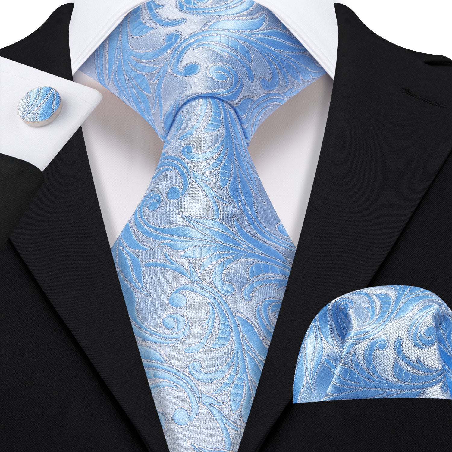 Cyan Silver Floral Silk Tie Handkerchief Cufflinks Set