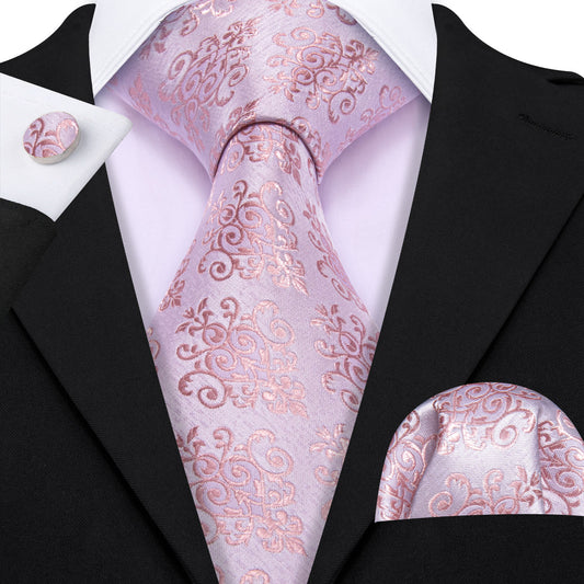 Languid Lavender Pink Floral Tie Handkerchief Cufflinks Set