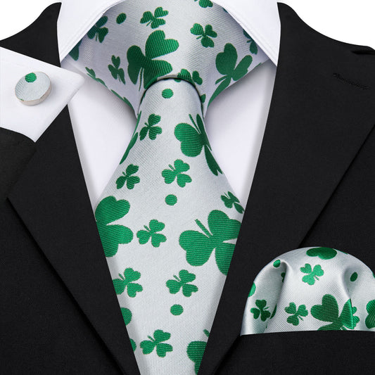 Barry. Wang White Green Clover Silk Tie Handkerchief Cufflinks Set