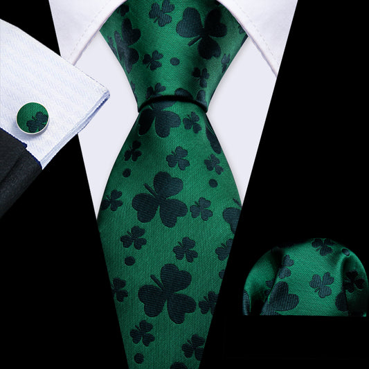 Barry. Wang Green Clover Silk Tie Handkerchief Cufflinks Set