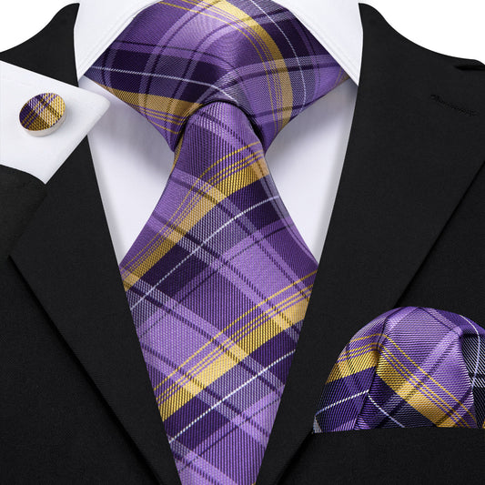 Barry. Wang Purple Yellow Striped Silk Tie Handkerchief Cufflinks Set