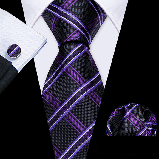 Black Purple Striped Silk Tie Handkerchief Cufflinks Set