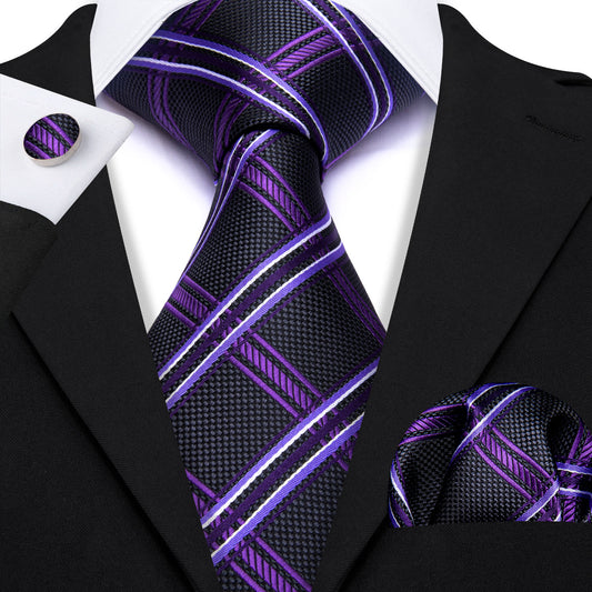Black Purple Striped Silk Tie Handkerchief Cufflinks Set