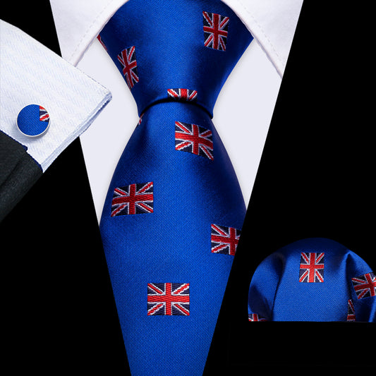 Cerulean Blue Floral Silk Barry Wang Tie Pocket Square Cufflinks Set