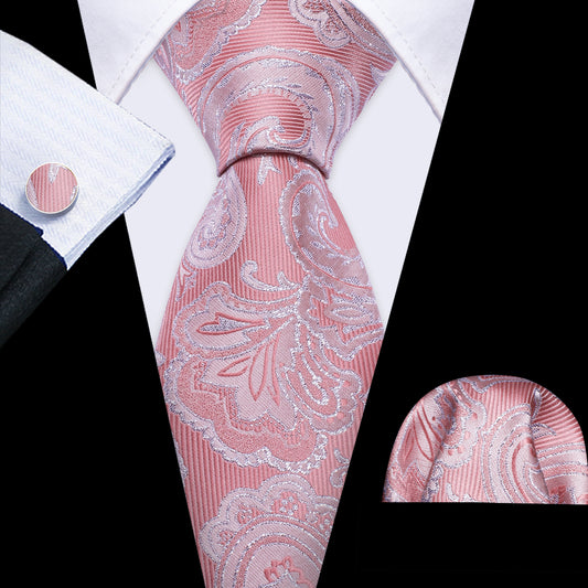 Pink Men's Wedding Paisley Silk Necktie Hanky Cufflinks Set