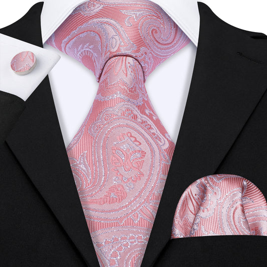 Pink Men's Wedding Paisley Silk Necktie Hanky Cufflinks Set