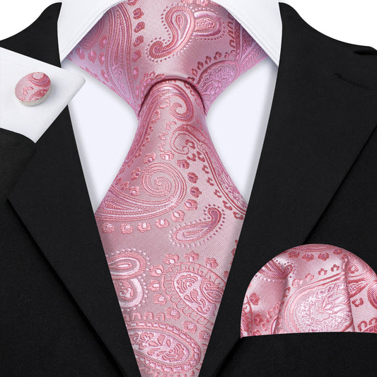 Wedding Tie Pink Paisley Silk Necktie Hanky Cufflinks Set