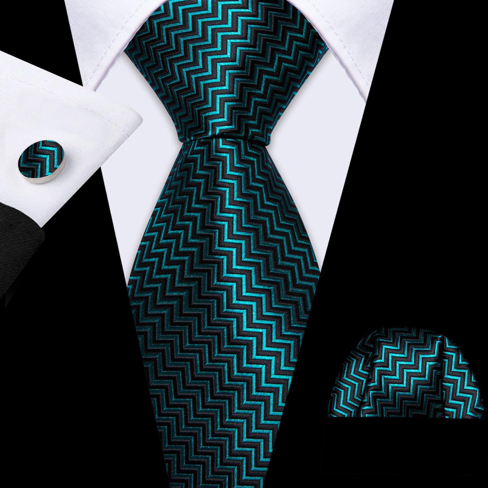 Teal Blue Black Ripple Silk Tie Handkerchief Cufflinks Set grey suit green tie