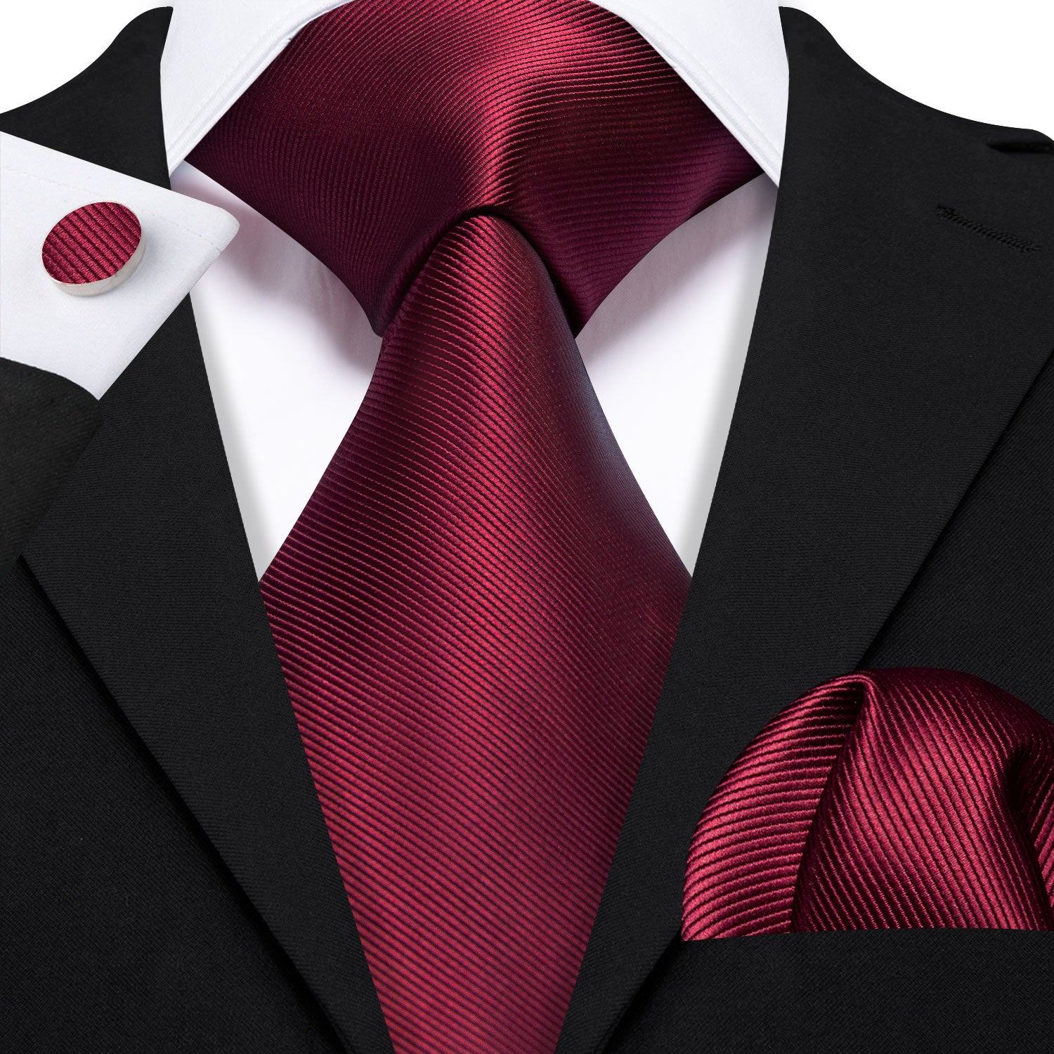 Burgundy Red Solid Tie Handkerchief Cufflinks Set