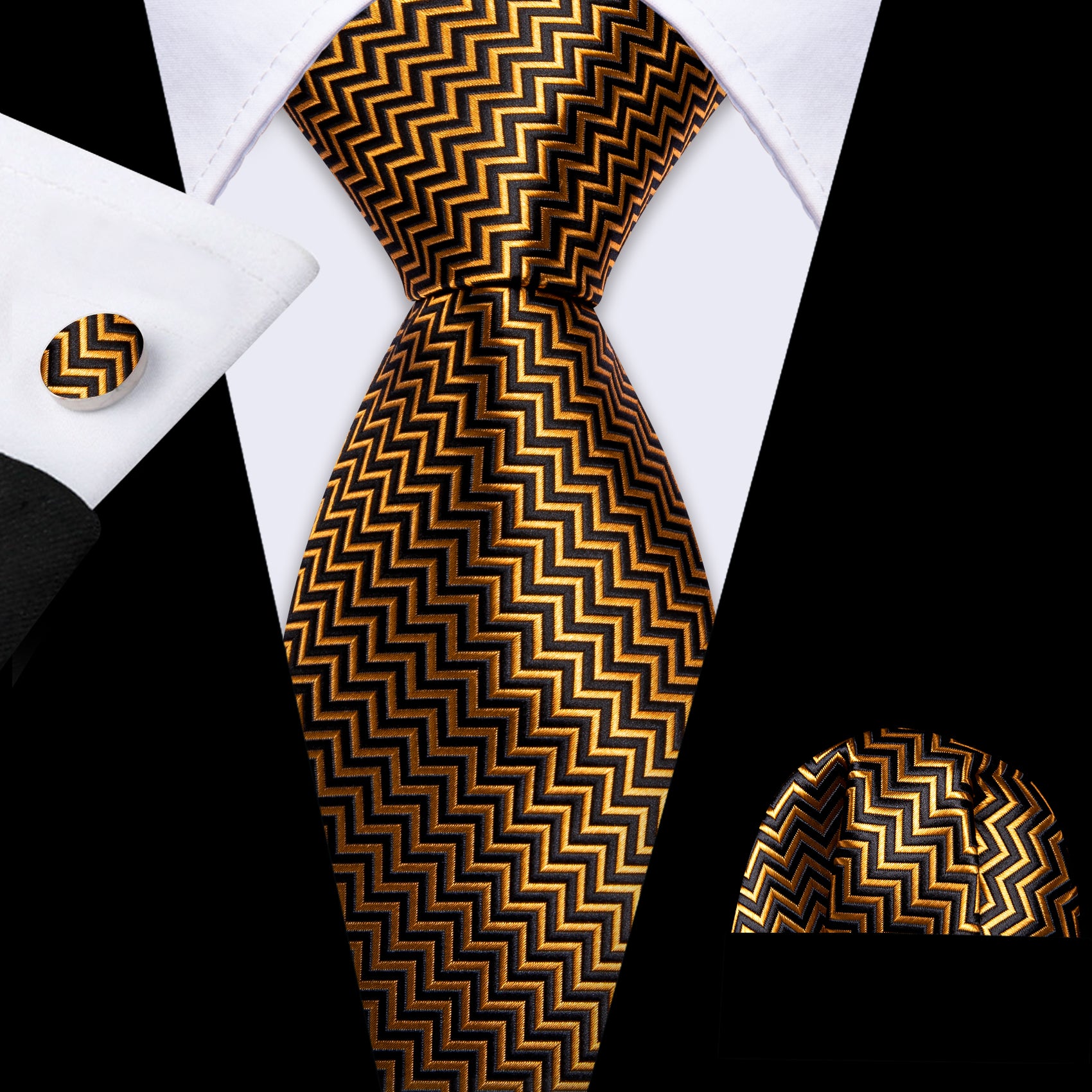 Gold Black Ripple Silk Tie Handkerchief Cufflinks Set