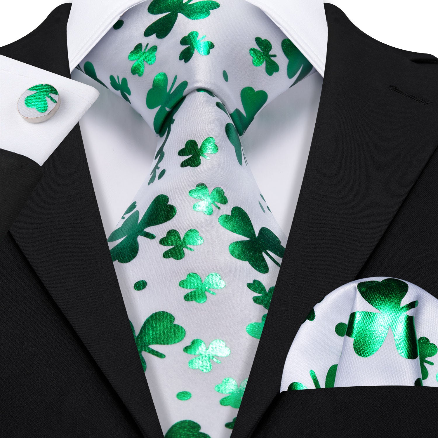 Barry Wang White Tie Clover Green Silk Tie Handkerchief Cufflinks Set for Men