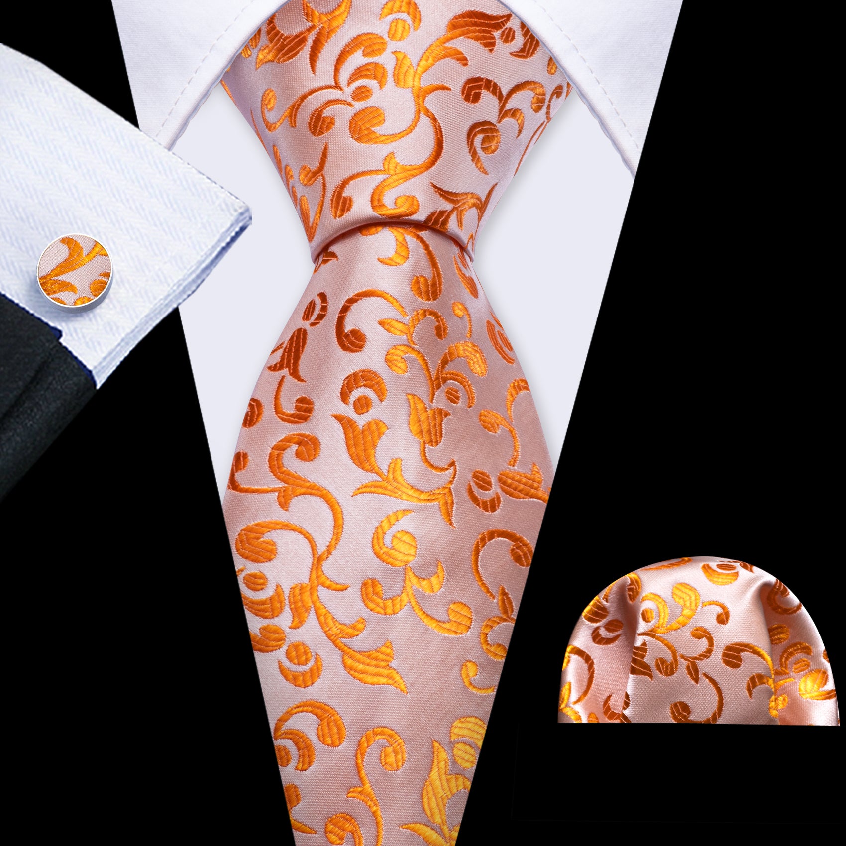 Wang Pink Orange Necktie Floral Men Silk Tie Hanky Cufflinks Se