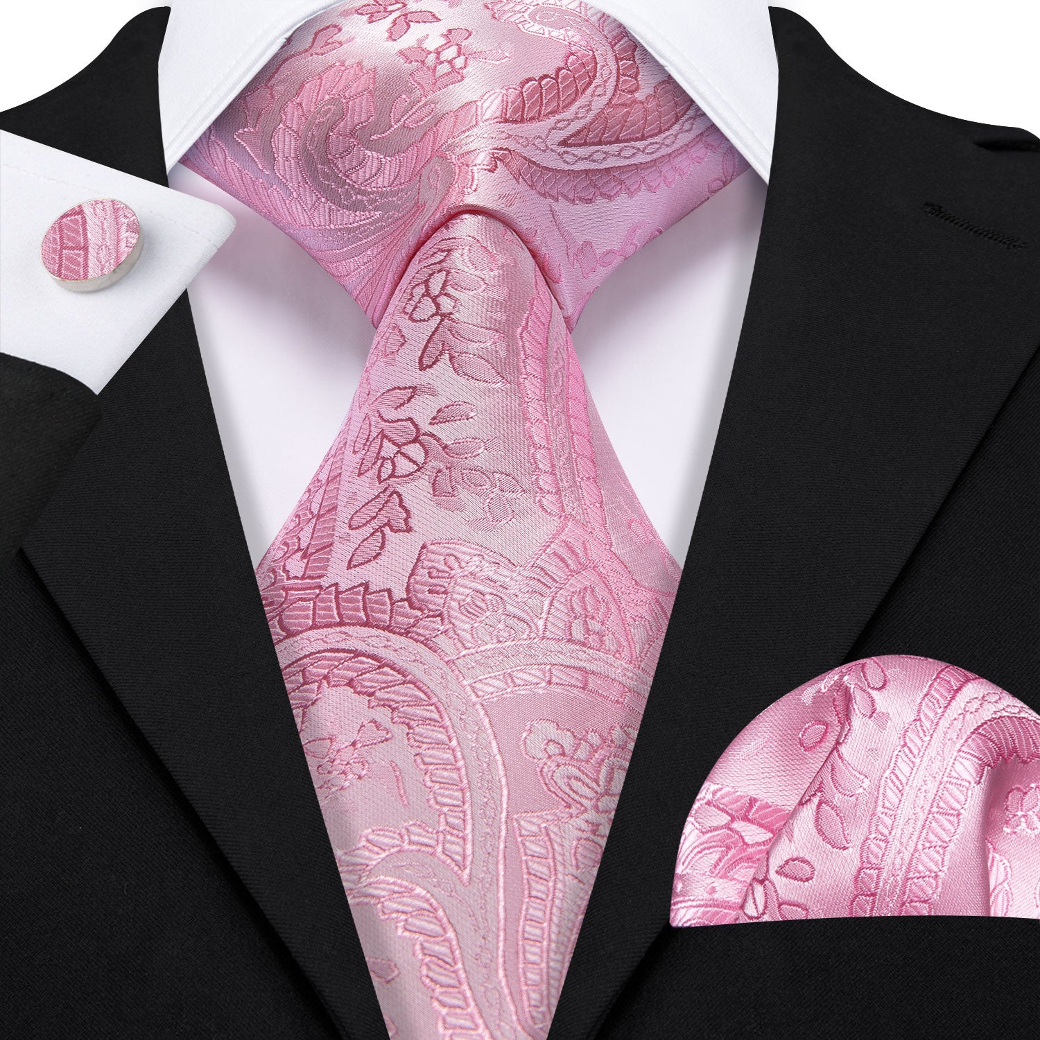 Light Pink Paisley Silk Tie Handkerchief Cufflinks Set