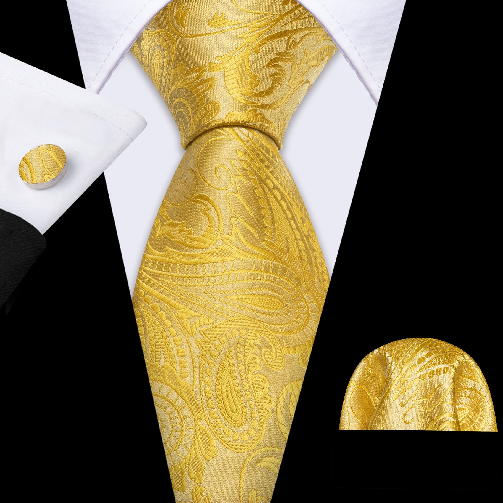Barry.wang Gold Tie Paisley Silk Mens Tie Pocket Square Cufflinks Set