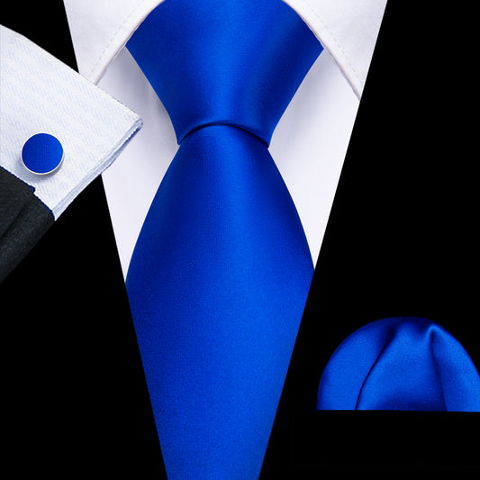 Cerulean Blue Solid Silk Tie Pocket Square Cufflinks Set