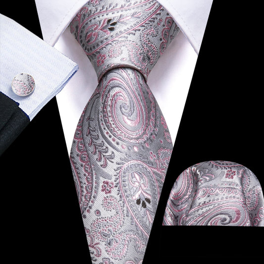 Grey Pink Paisley Tie Jacquard Pattern Necktie Set