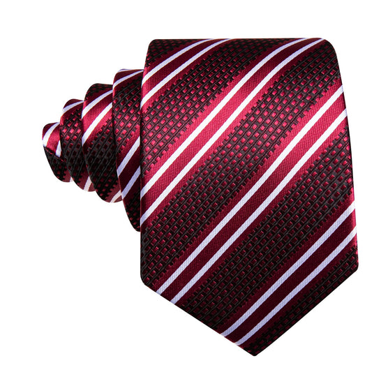 Mens Striped Tie Red Necktie Set with White Stripes