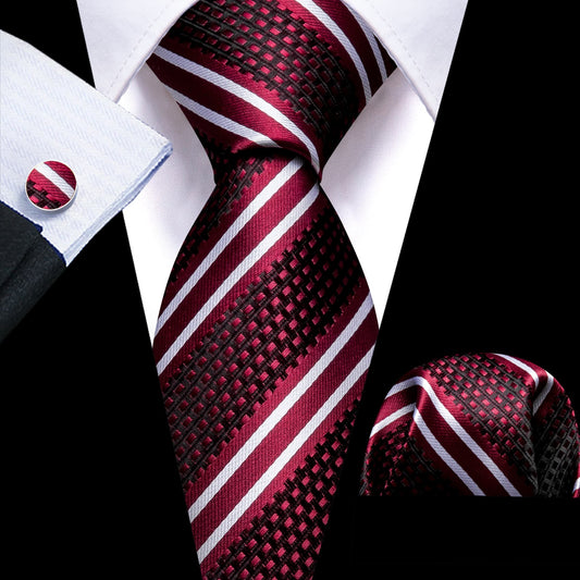 Mens Striped Tie Red Necktie Set with White Stripes