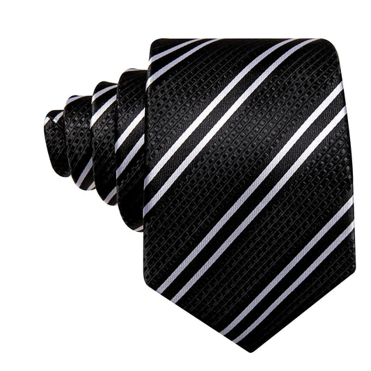Mens Striped Tie Black Necktie Set with White Stripes