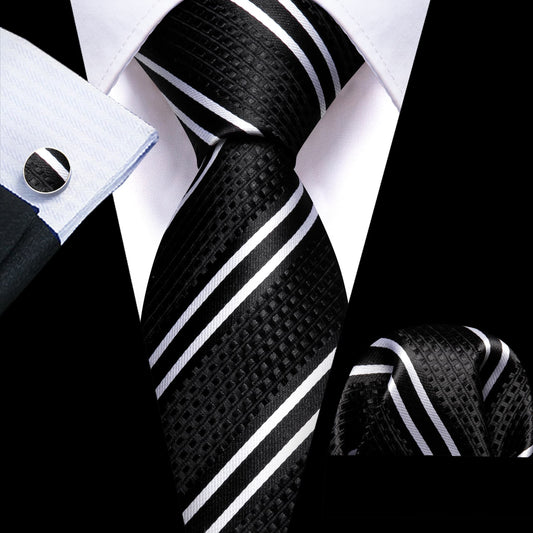 Mens Striped Tie Black Necktie Set with White Stripes