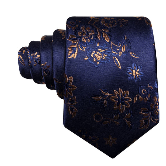 Blue Tie Men's Brown Jacquard Floral Pattern Necktie Set