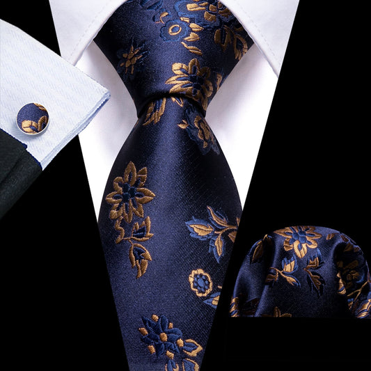 Blue Tie Men's Brown Jacquard Floral Pattern Necktie Set