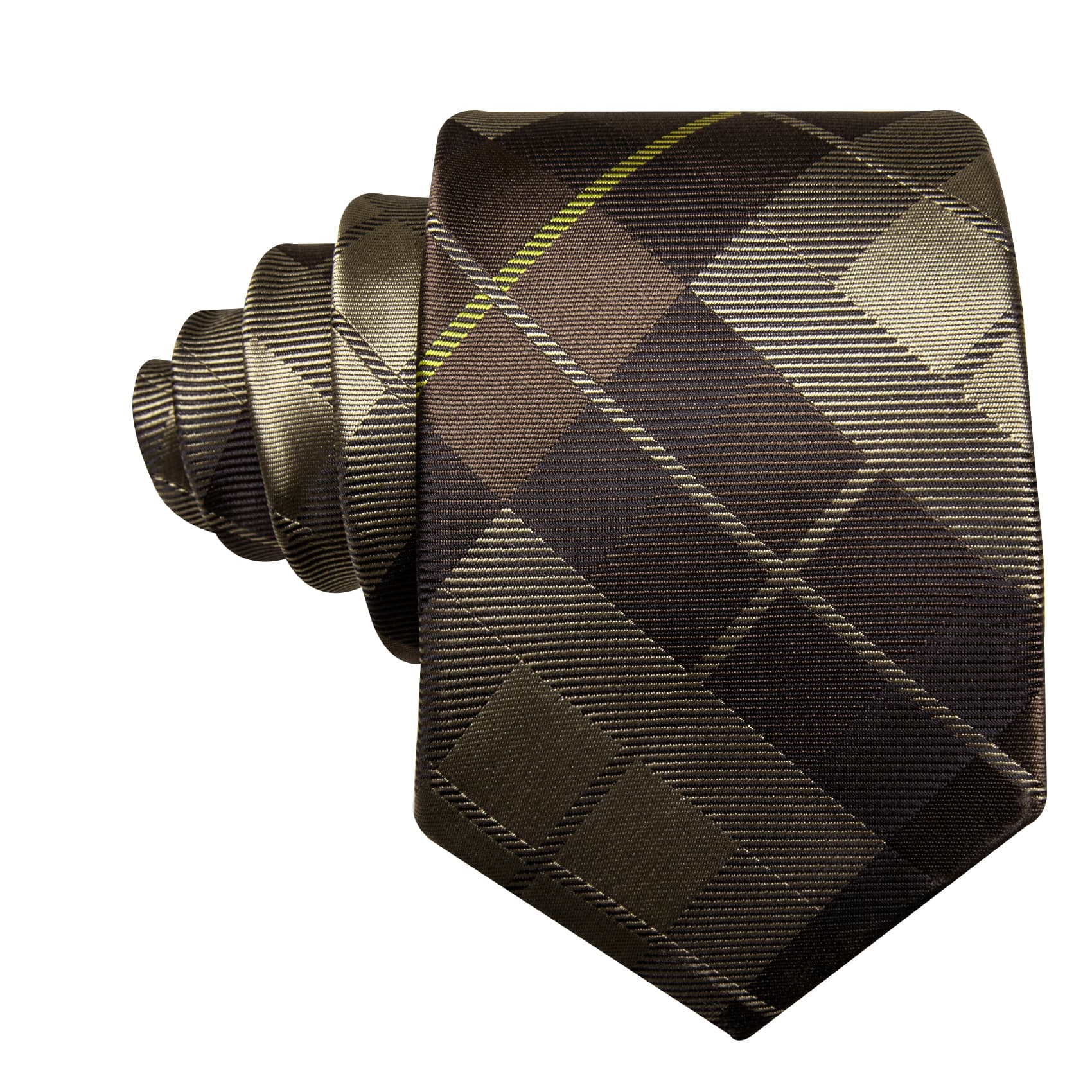 Plaid Tie Dark Brown Tan checkered Necktie and Cufflink Set