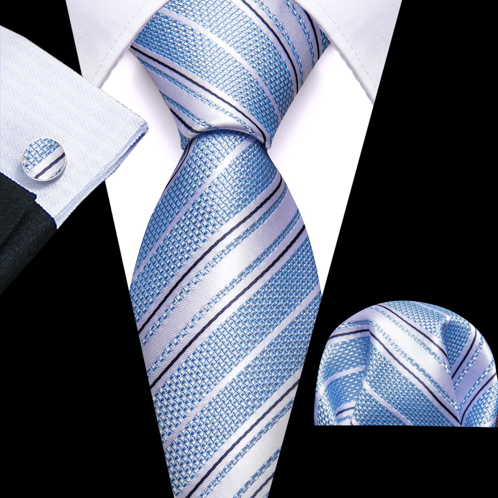 Men's Black Suit with sky bkue whhite stripes tie hanky cufflinks set