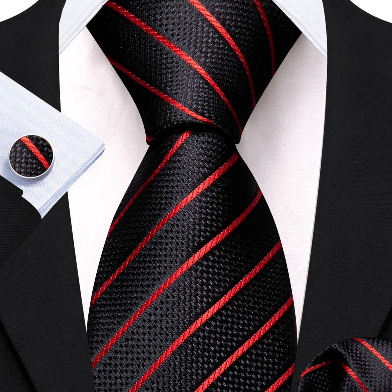  Black Tie Red Lines Striped Necktie Men's Tie Set