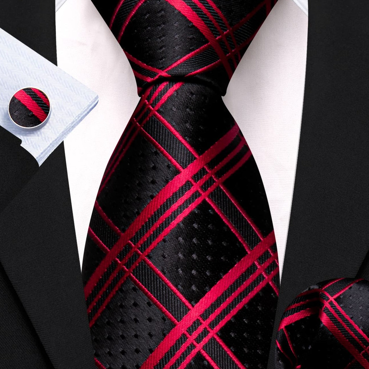  Black Tie Red Pinstripes Jacquard Men's Striped Necktie Set