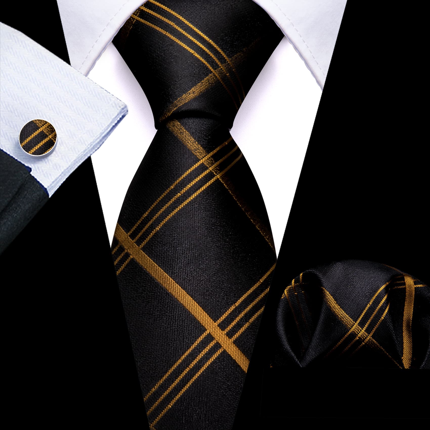 Men's Black Suit with black gold plaid tie hanky cufflinks set