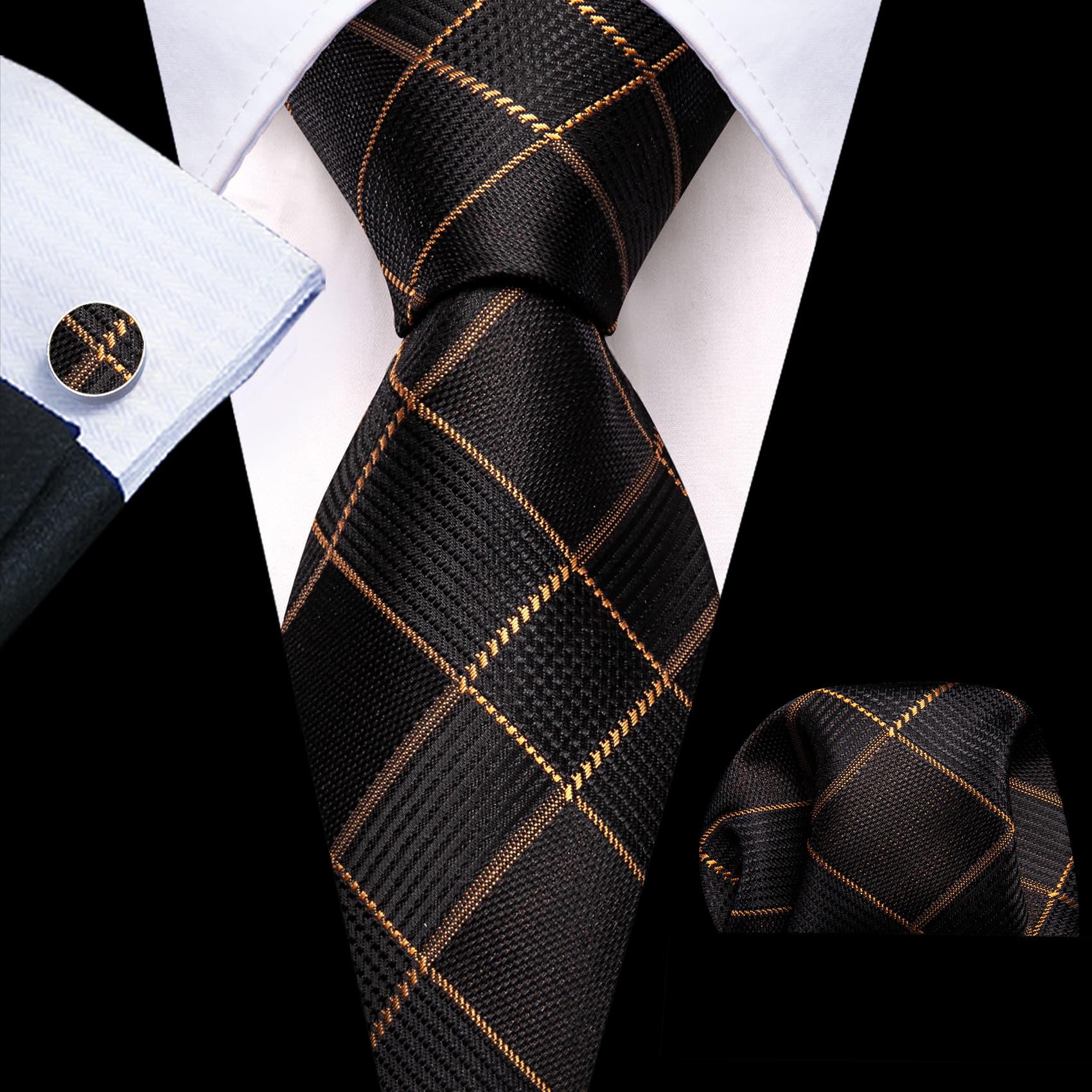 Barry. Wang Black Plaid Tie with Golden Stripes Men's Business Set Barry. Wang Black Plaid Tie with Golden Stripes Men's Business Set