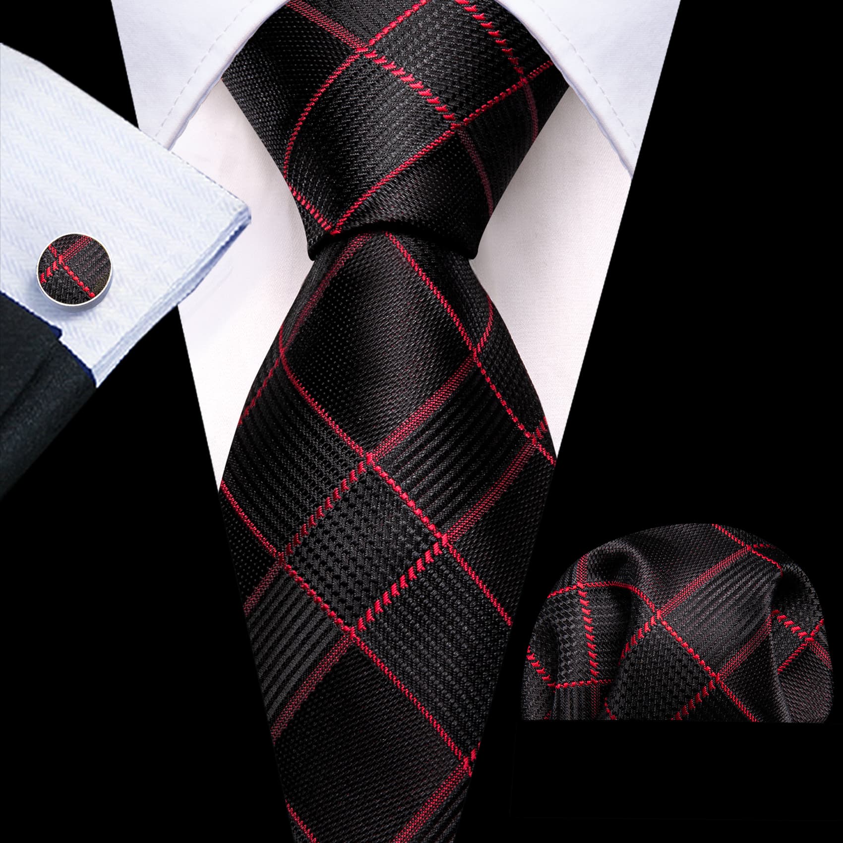 Barry. Wang Black Plaid Tie with Red Stripes Men's Business Set Barry. Wang Black Plaid Tie with Red Stripes Men's Business Set
