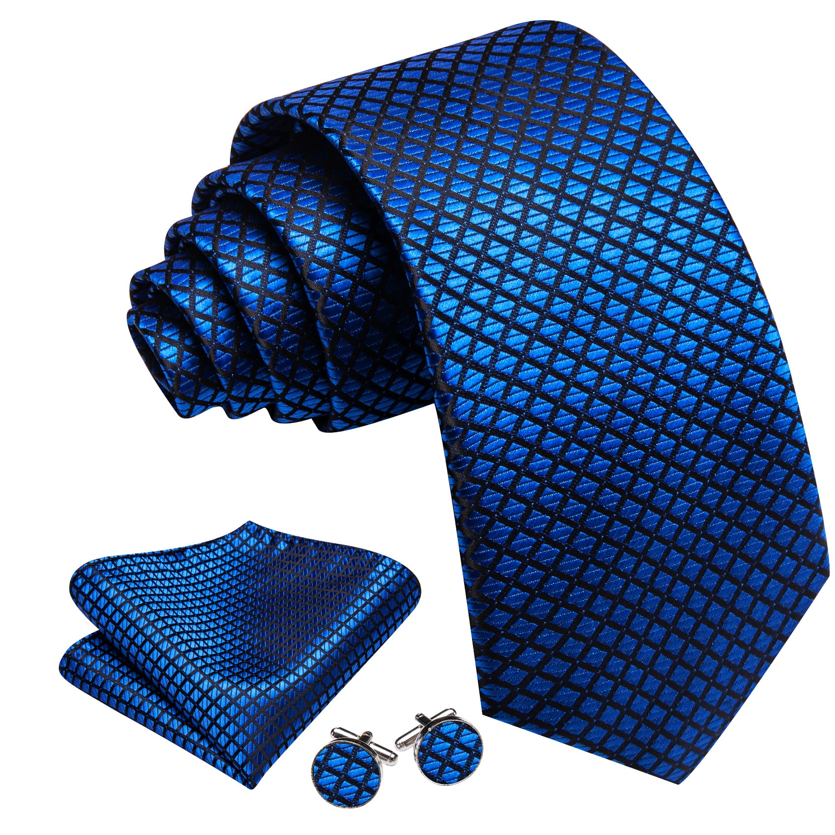 Plaid Tie Blue Black Checkered Necktie and Cufflink Set