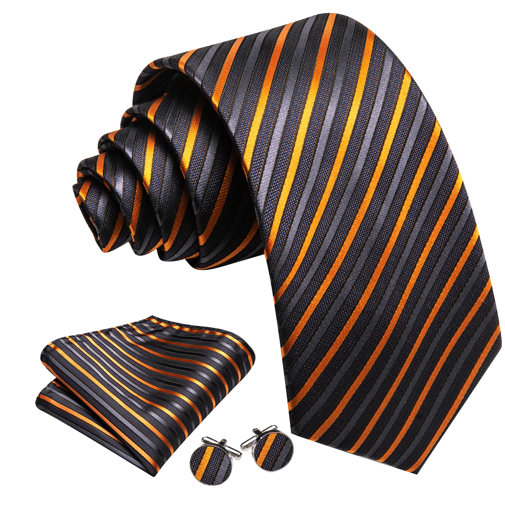 Black Striped Tie with Gold Grey Stripes Men's Necktie Set