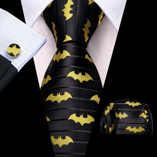 Barry. Wang Yellow Bat Tie Black Silk Necktie Handkerchief Cufflinks Set for Party