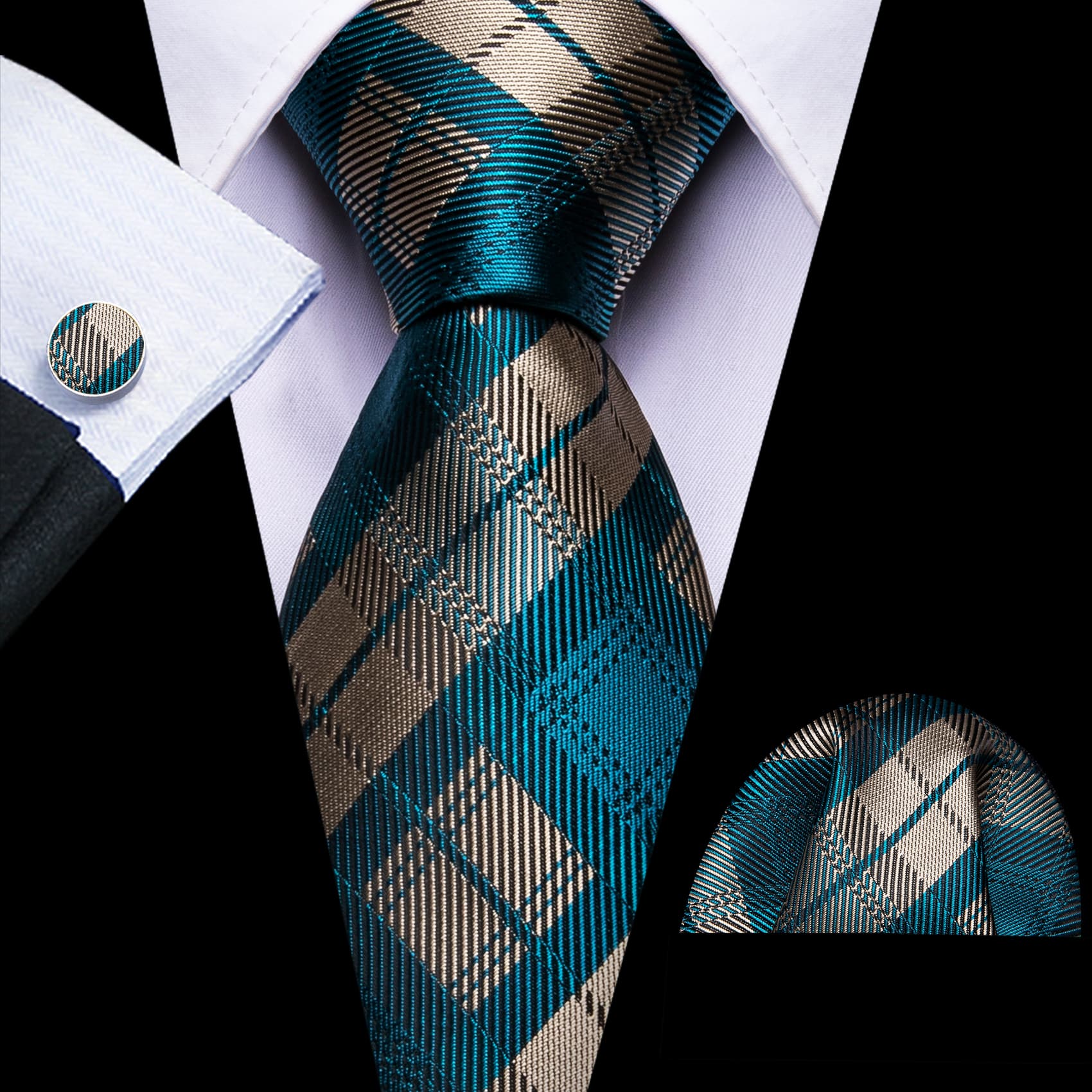 Tie Plaid Beige Teal Blue Checkered Necktie Hanky Cufflinks Set